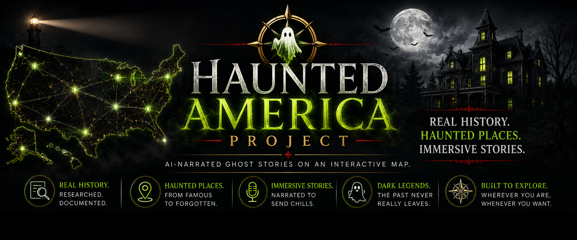 Haunted America Project — real history, haunted places, immersive stories. AI-narrated ghost stories on an interactive map.